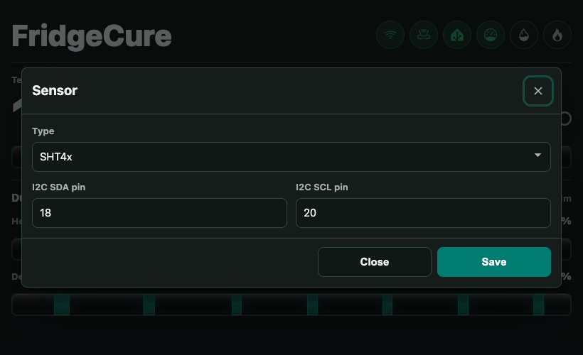 FridgeCure sensor settings with sensor type and I2C pin fields
