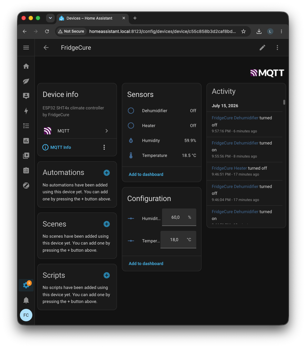 FridgeCure device controls and sensor readings in Home Assistant
